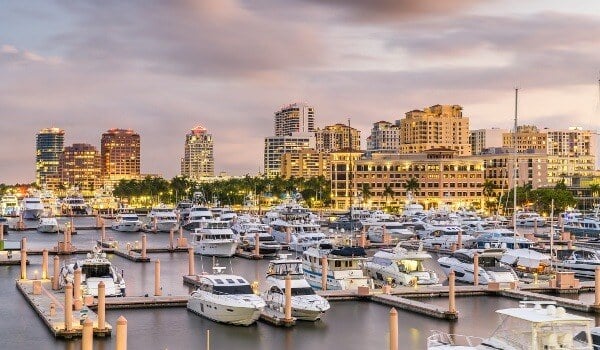 West Palm Beach, Florida, USA downtown skyline on the Intracoastal Waterway at dusk